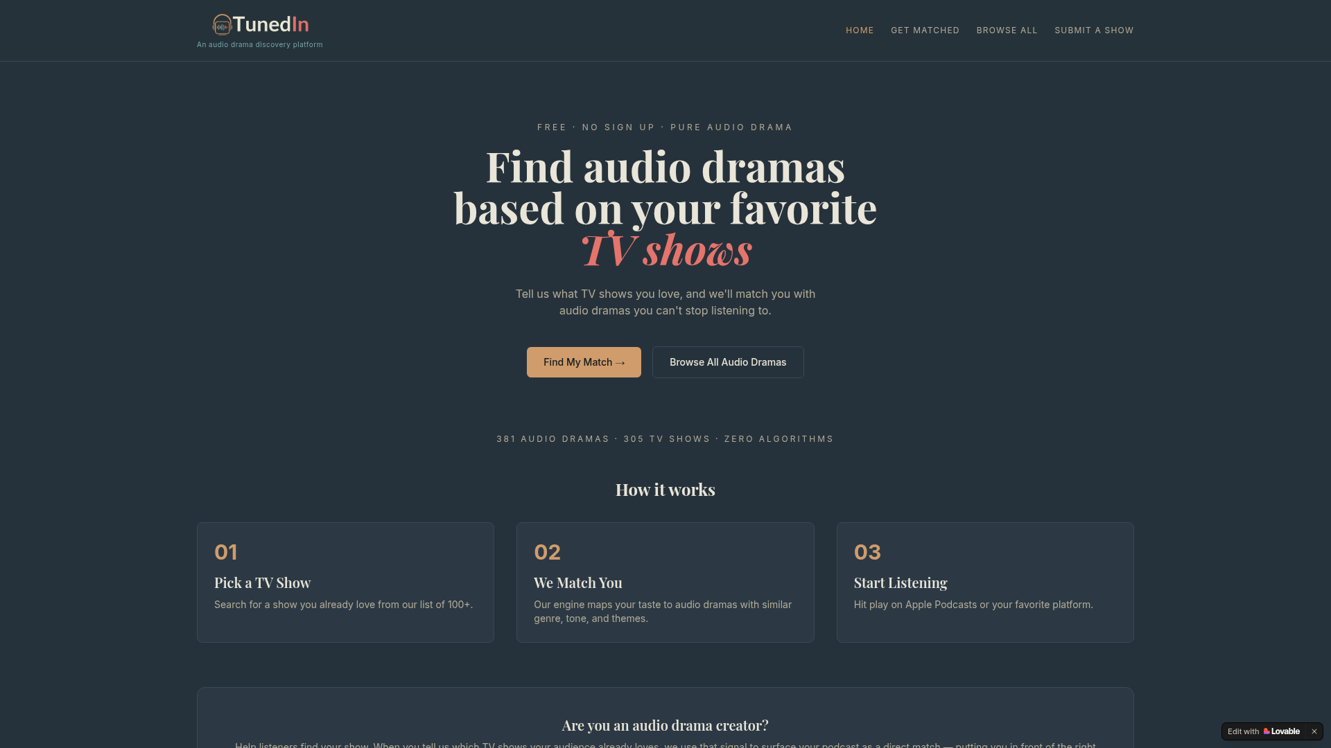 Screenshot of Tuned In — Audio Drama Discovery